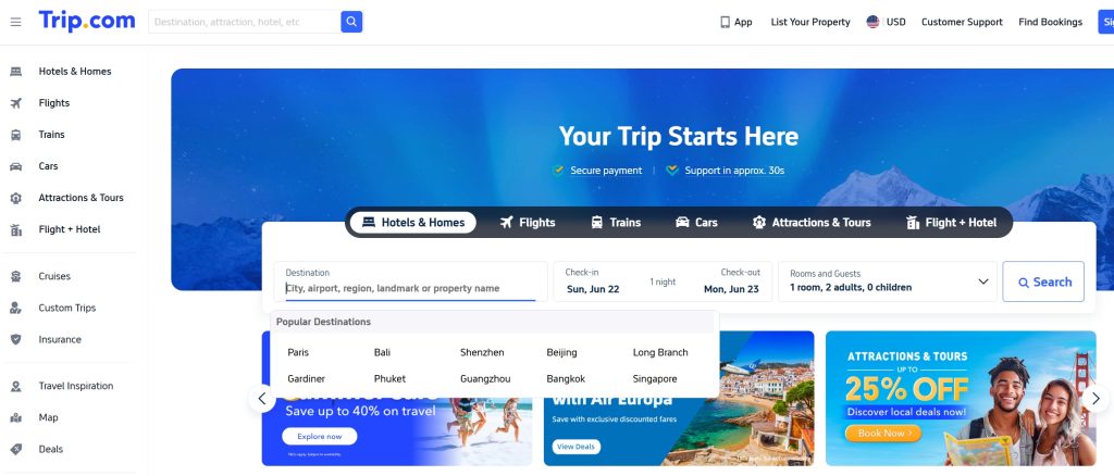screenshot of Trip.com hotel listings filtered for hotels with jacuzzi in room