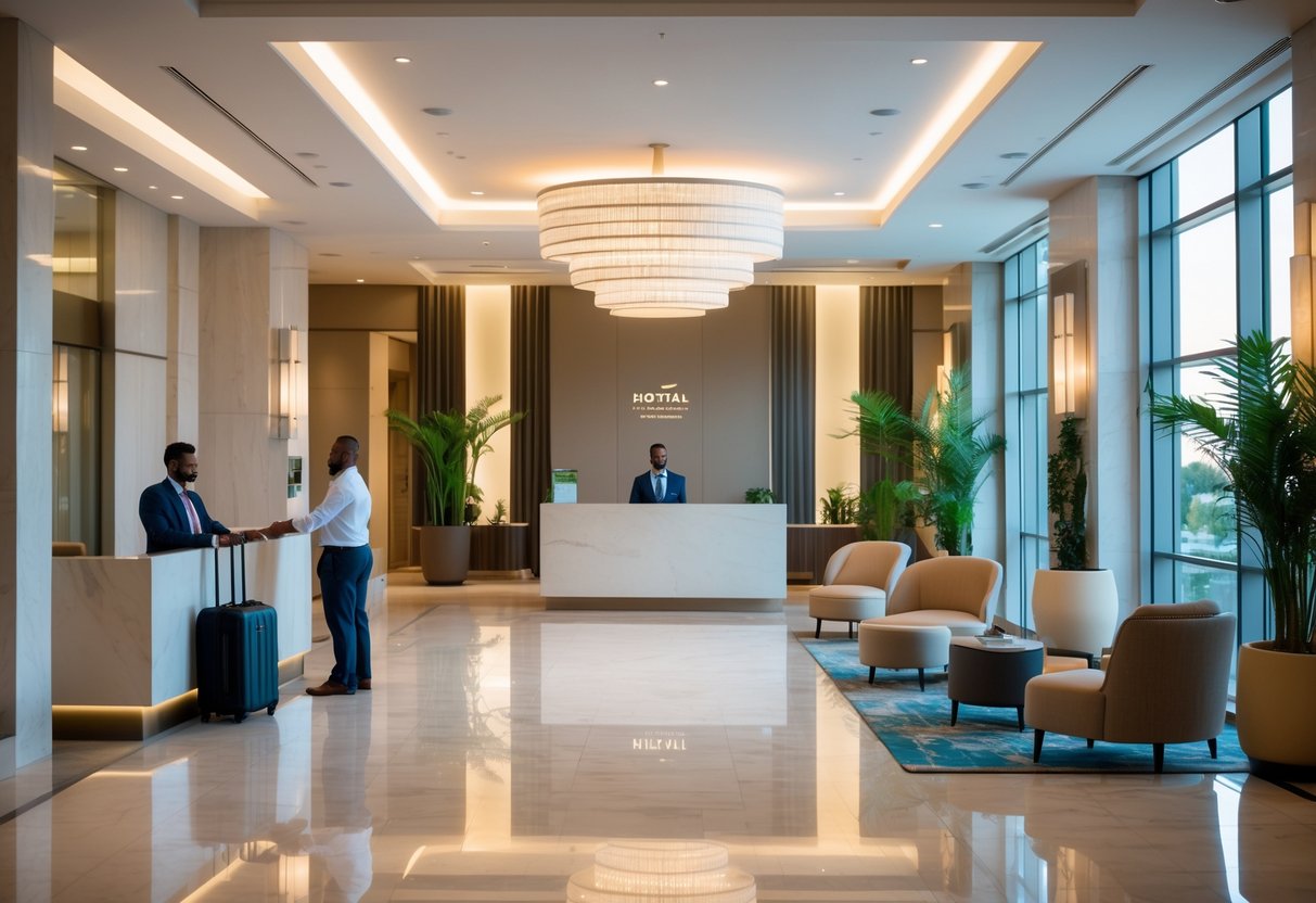 Hotel lobby with a receptionist helping a couple at the front desk surrounded by modern furniture and natural light.