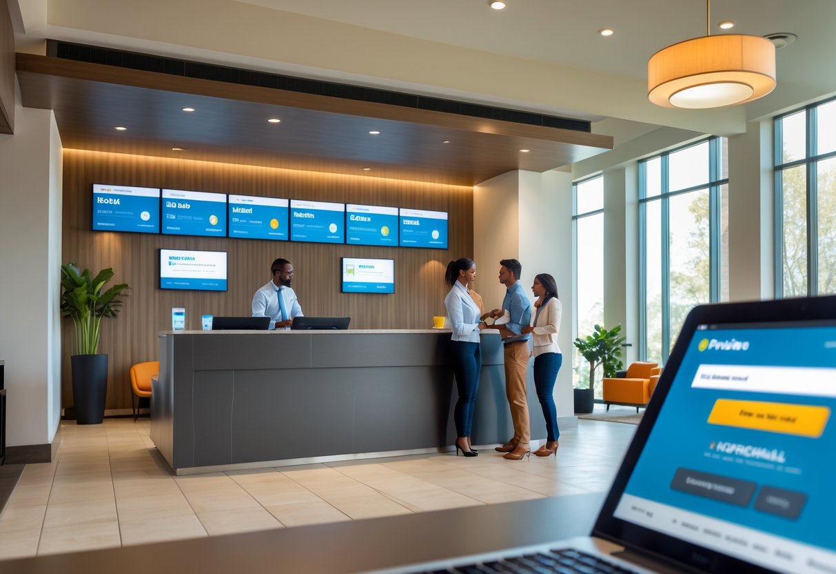 A hotel lobby with a receptionist helping a couple check in, with digital screens and a laptop showing hotel booking information.