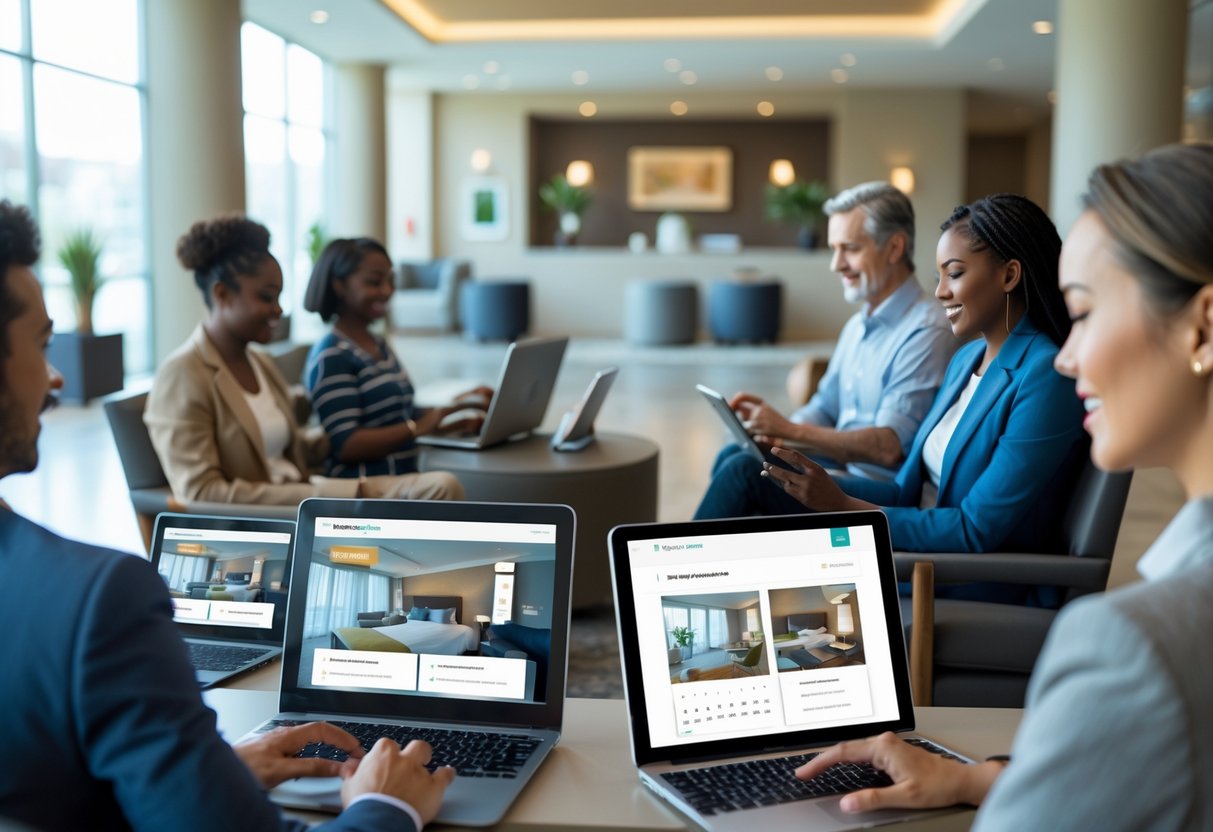 People using laptops, tablets, and smartphones in a modern hotel lobby to book hotel rooms online.