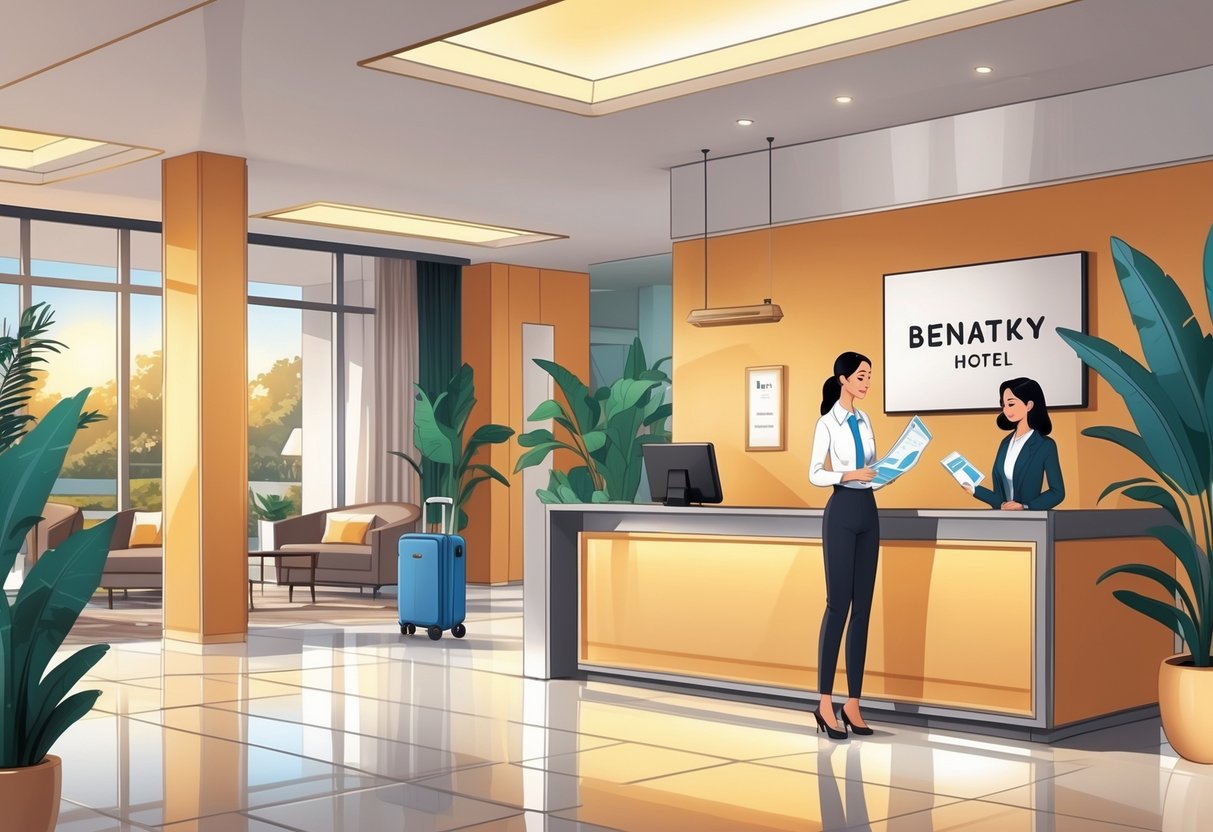 Benatky hotel lobby with a receptionist helping a guest near the front desk, showing a welcoming and modern interior.